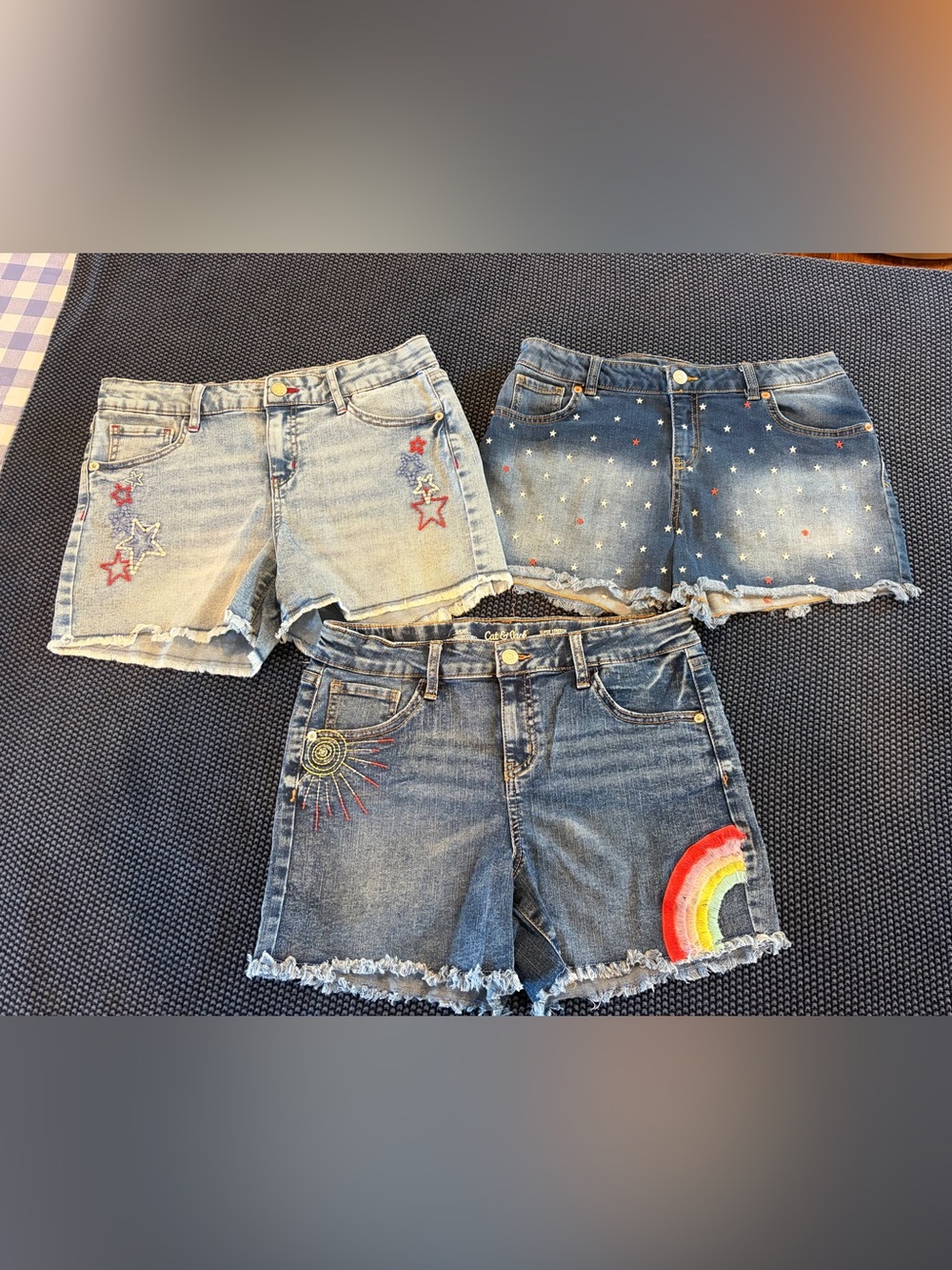 3-Pair Cat & Jack Target Denim Shorts- embroidered Stars & Rainbow- Size 14/16
